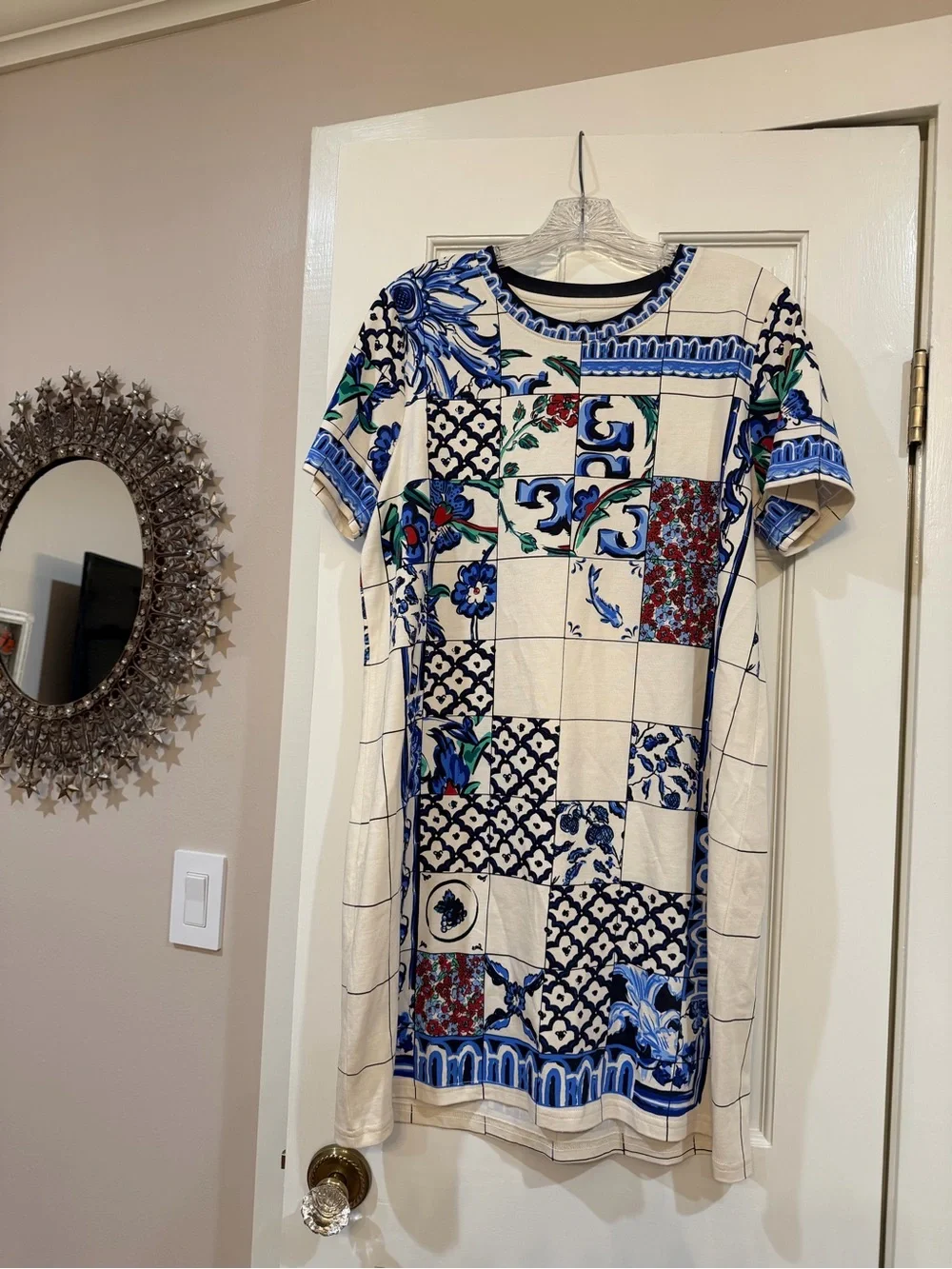 Tory Burch Blue and Cream Patchwork Tile Short Sleeve Mini Dress